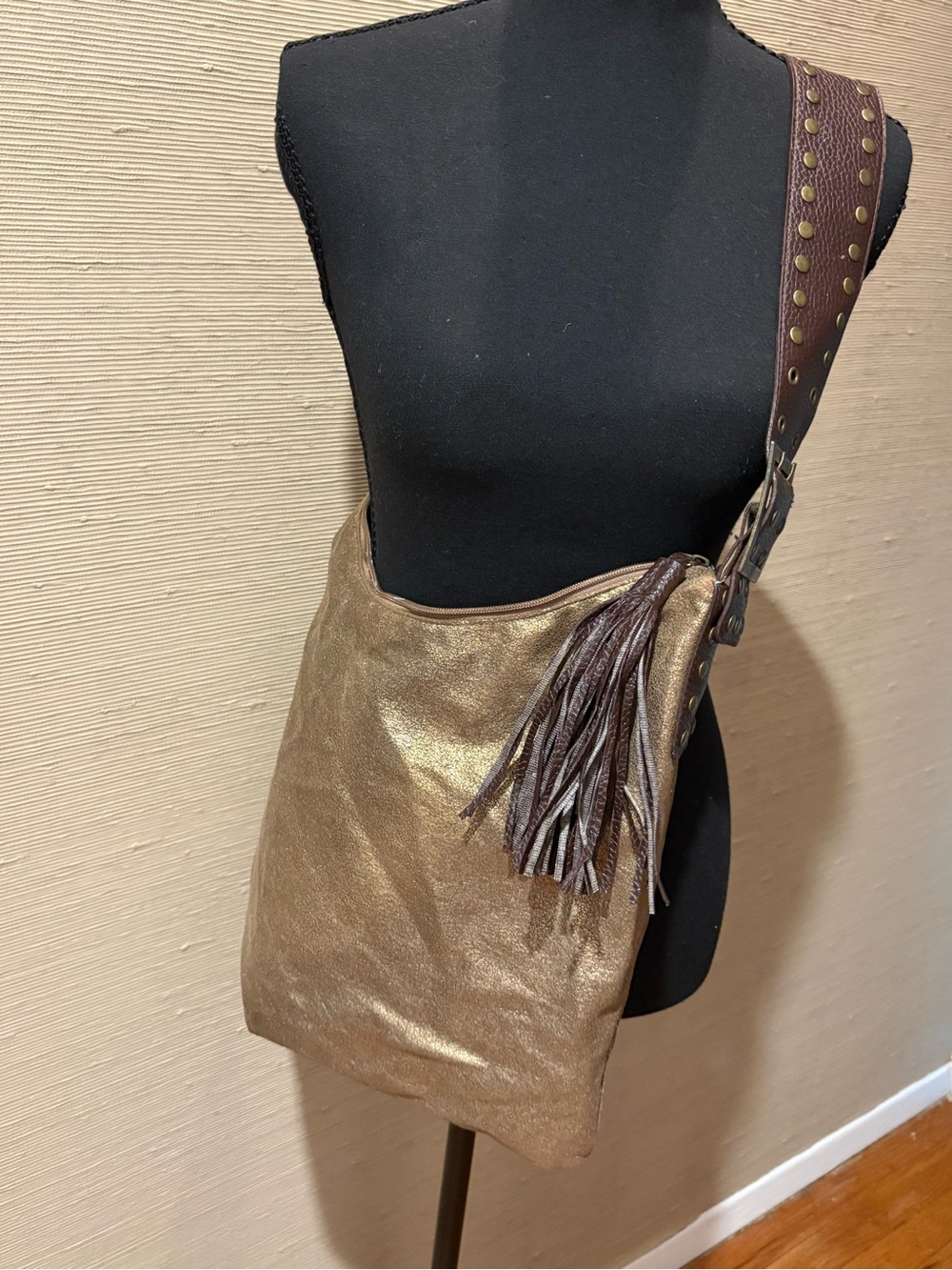 Metallic Gold Leather-look Crossbody Bag with Studded Strap